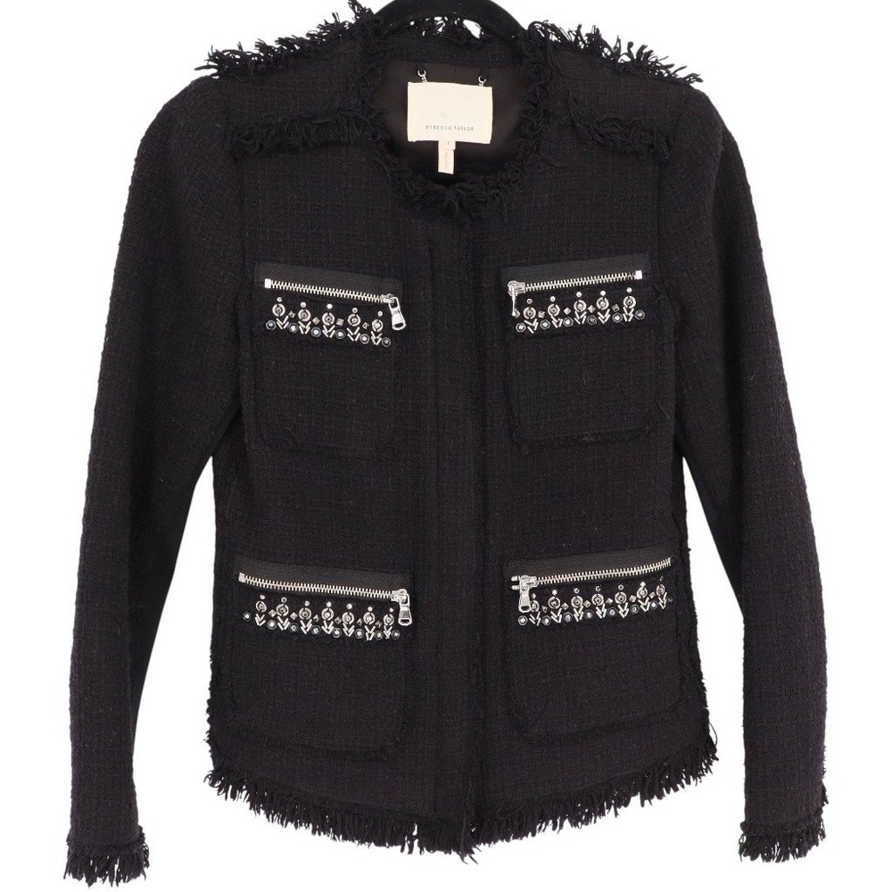 Rebecca Taylor Women's Black Tweed Fringed Beaded Blazer Jacket Size 2 Coat
